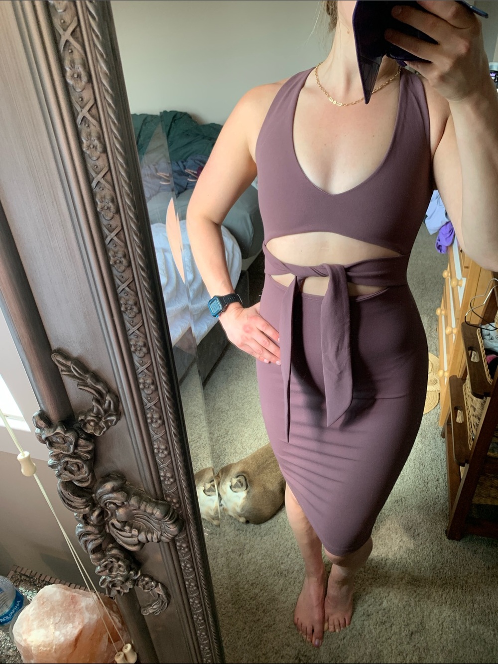 NUDE Mauve-Taupe Cutout Tie-Front Midi Dress